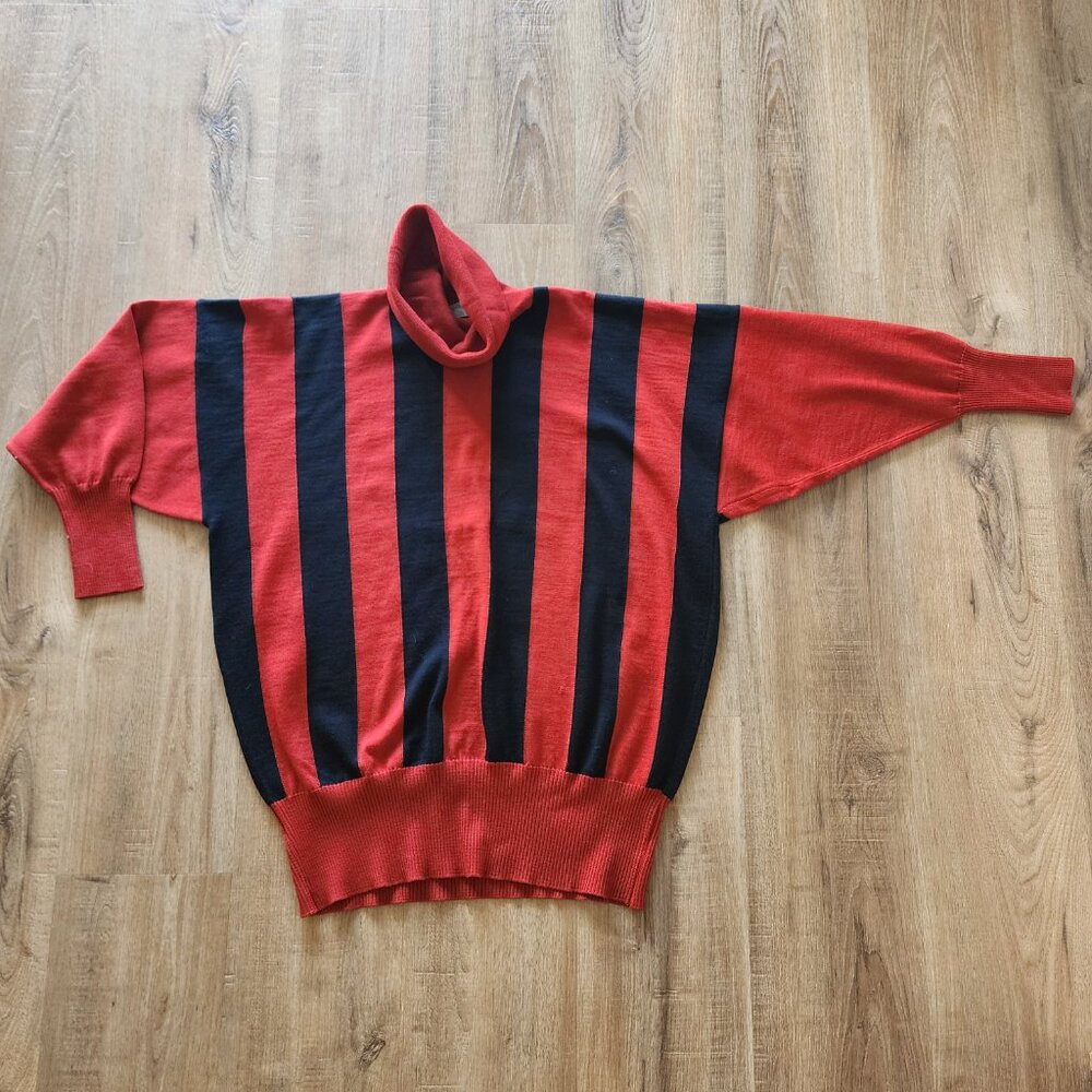 Vintage Jaeger Black Red Striped Dolman Sleeve Wool Turtleneck Sweater - Picture 3 of 6